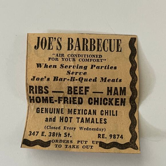 Joe's Barbecue Ribs Beef Ham 347 E 38th St 1952 Minneapolis Clipping SAI5-S35 - Picture 1 of 2
